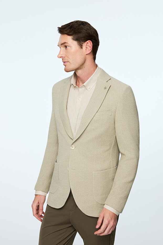 Men's Beige Polyviscon Trend Patterned Slim Fit Jacket - 2
