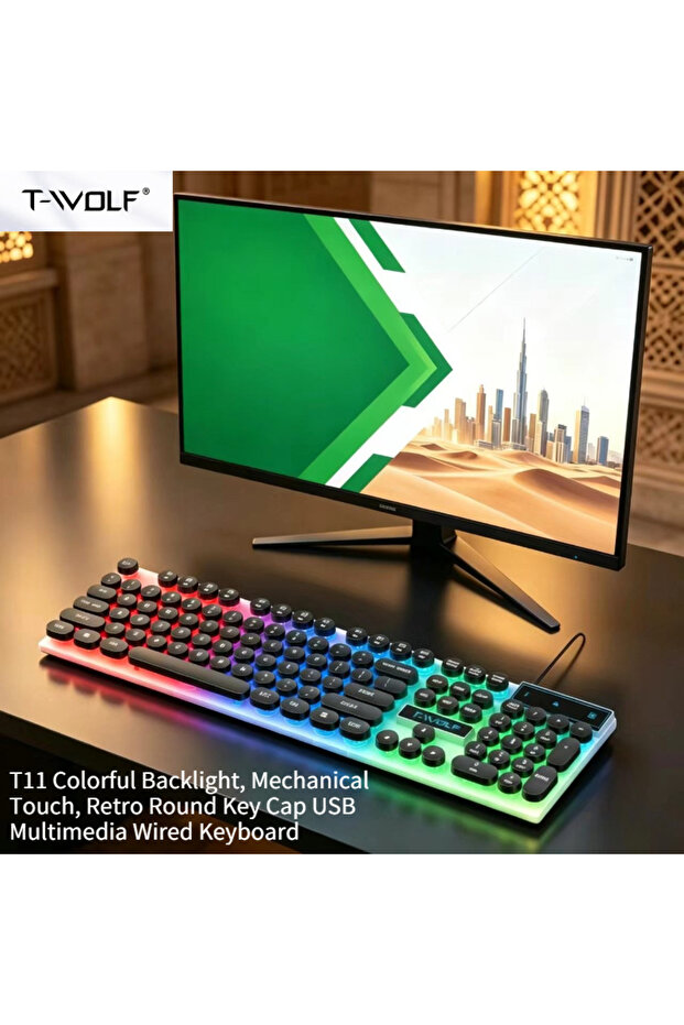لوحة مفاتيح ثاندر وولف T11 بتصميم بانك، مفاتيح دائرية كلاسيكية، سلكية بمنفذ USB، ميكانيكية الملمس، مضاءة خلفياً، لوحة مفاتيح فردية