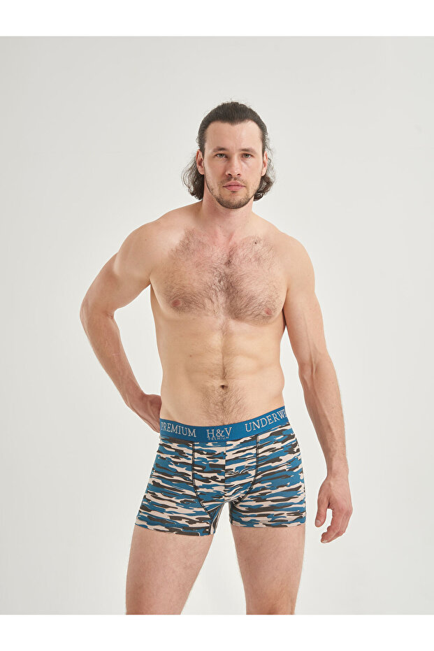Blue Camouflage Patterned Cotton Boxer Shorts - No Sweat Absorption - No Irritation and No Odor