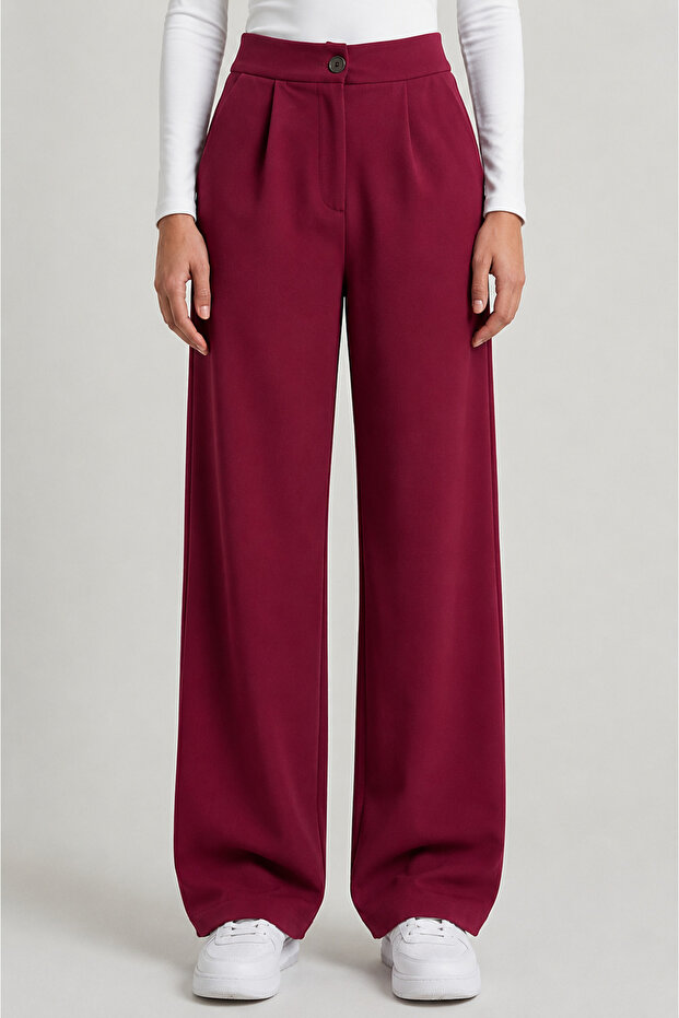 Burgundy High Waist Pocketed Buttoned Lycra Women's Palazzo Trousers