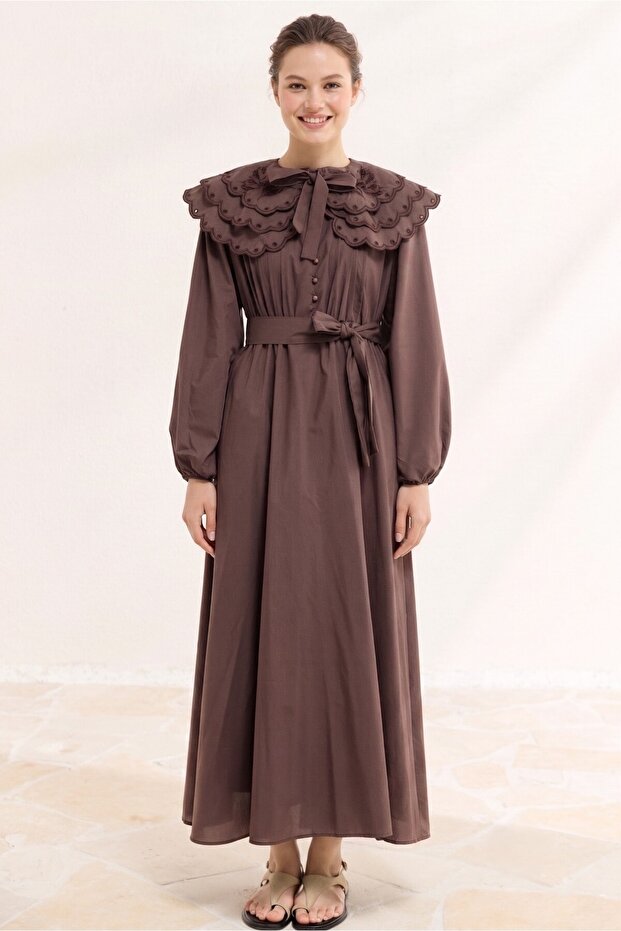 Collar Embroidered Dacron Dress - Brown