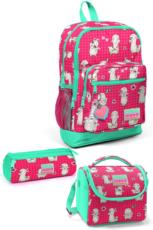 Kids Neon Coral Water Green Alpaca Patterned 3-Piece School Bag Set SET0123466