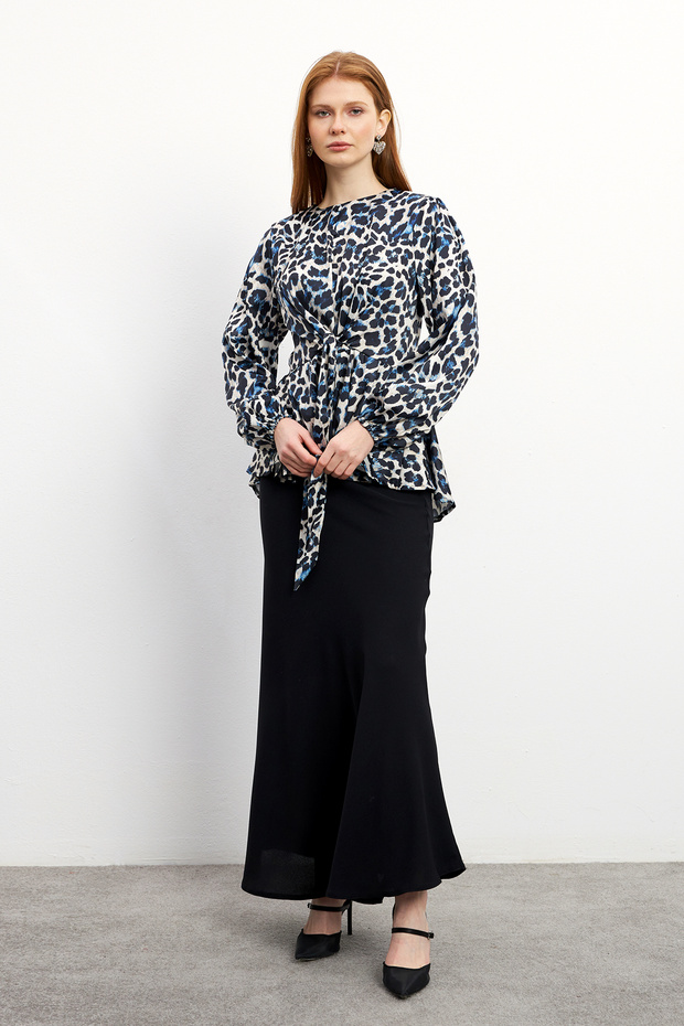 Leopard Patterned Blouse Skirt Set - Indigo - 3