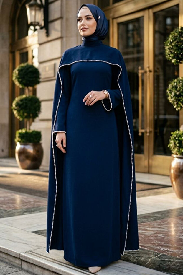 - Navy Blue Hijab Evening Dress with Cape 55481L
