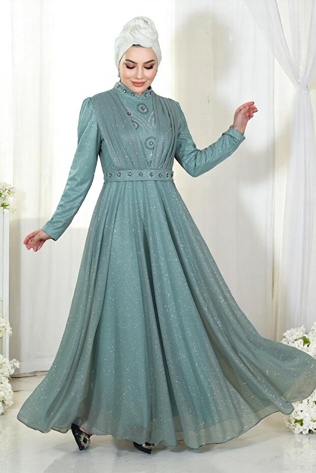 Stone Detailed Glittered Evening Dress with Draped Chest Mint 19188