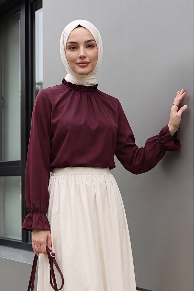 Gathered Collar Blouse - Plum