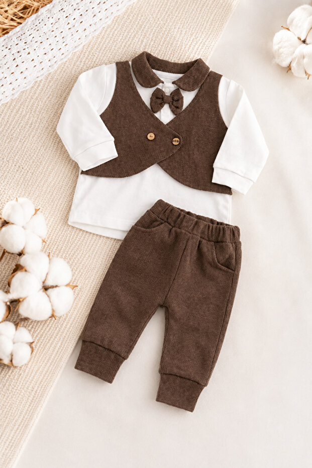 Baby Boy 2-Piece Top and Bottom Set with Bow Tie Vest Look Festive Set Waffle Fabric