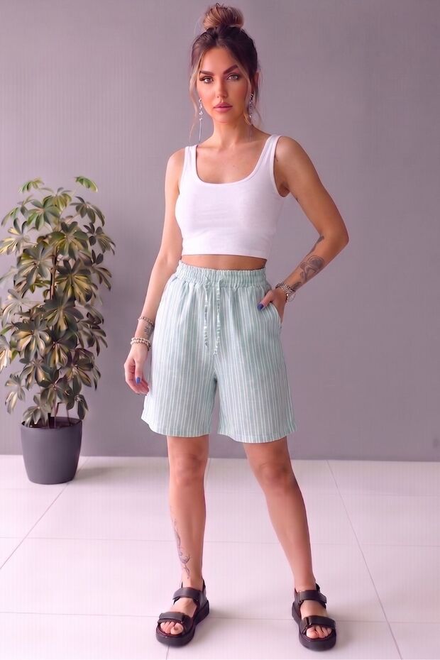 Aqua Green Striped Adjustable Waist Linen Cotton Shorts