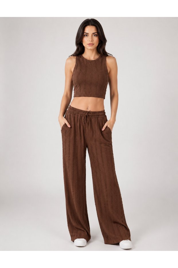 Halter Waffle Fabric Ribbed Double Pocket Top and Bottom Set