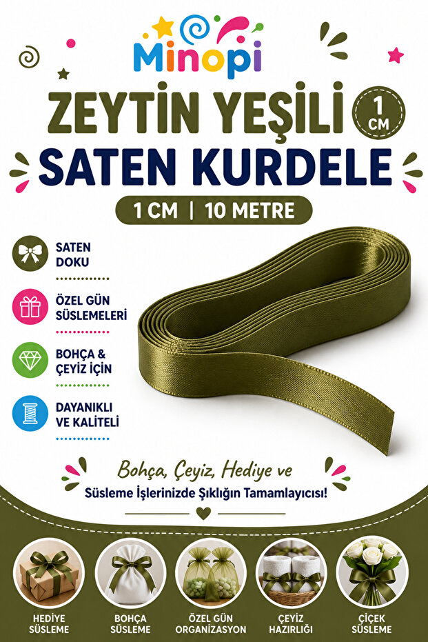 Olive Green Satin Ribbon 1 cm 10 Meters, Bundle Dowry Special Day Decoration Ribbon