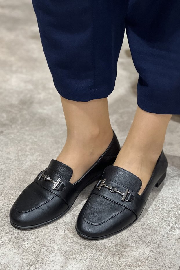 Genuine Leather Ballerinas with Buckle Detail
