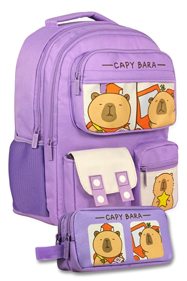 (Lila) Girls' Multi-Pocket Primary School Bag and Pencil Case Set - Setcpb6215C