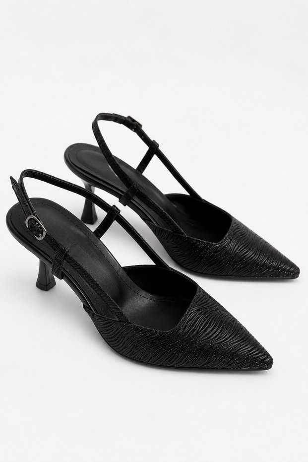 Queen Sparkly Pointed Toe Open Back Stiletto Banded Metallic Evening Dress Heeled Women's Shoes -Black