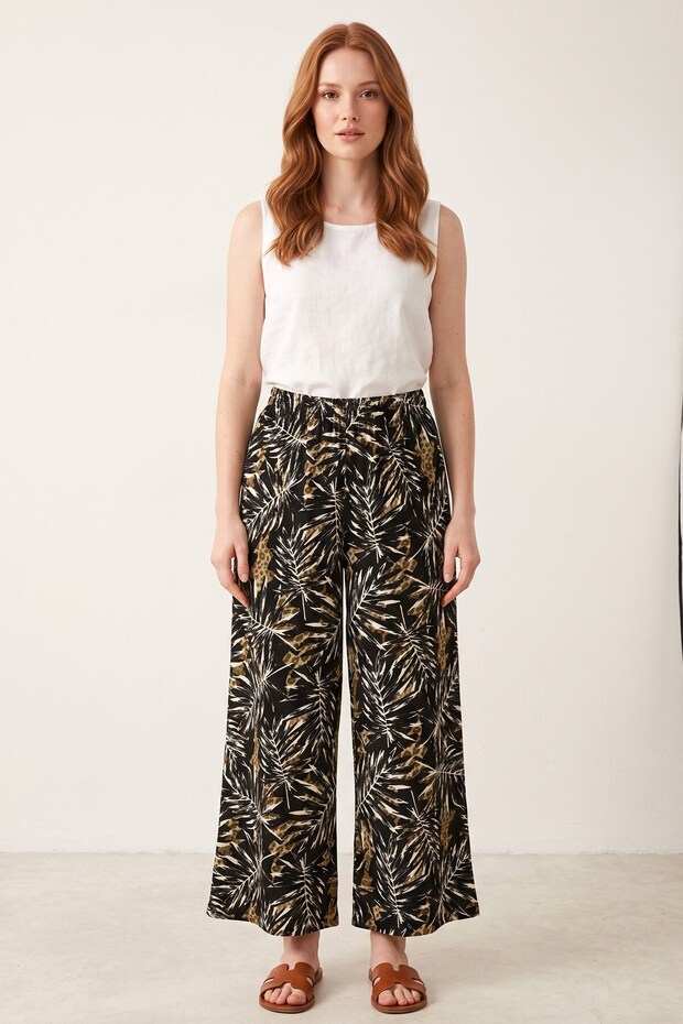 Women's Black Mink Abstract Patterned Atlas Wide Leg Pants