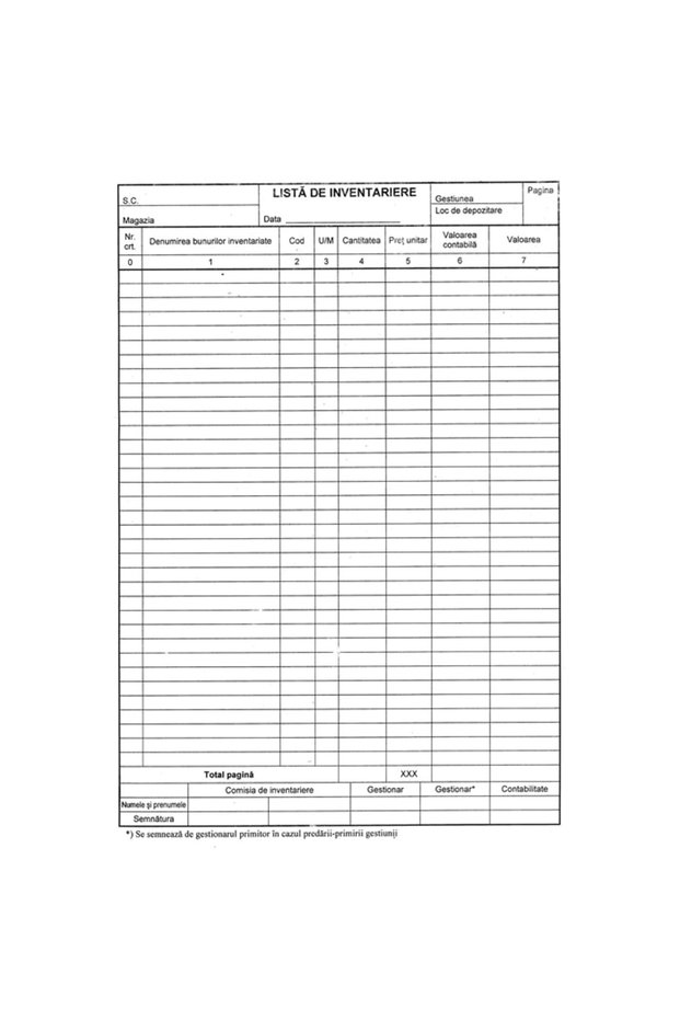 Lista inventar, 7 coloane, A4 vertical