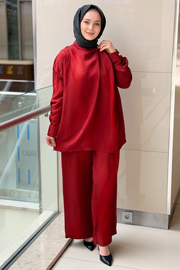 Yaka Gold Buttoned Asymmetrical Cut Tunic Trouser Set