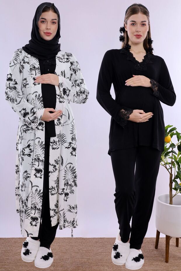 Effortt Maternity Pajama Set with Hijab, Soft Textured Cotton Robe - Black