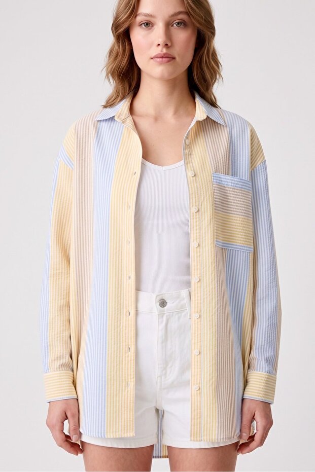 Multi-Colored Wrapped Detailed Striped Shirt - 7