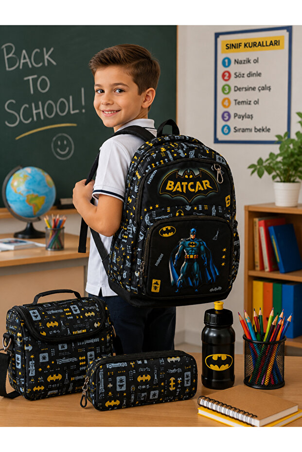 مجموعة BATCAR للمدرسة الابتدائية مكونة من 3 قطع - حقيبة - علبة أقلام - صندوق غداء