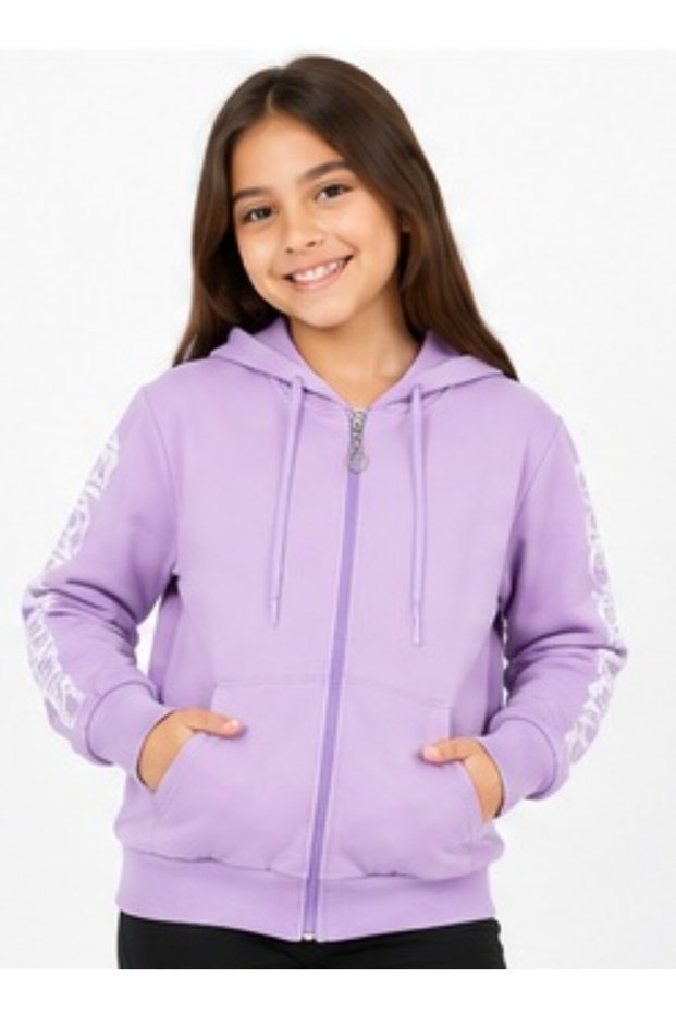 Girl's Lilac Cardigan with Sleeves, Hood, Letter Pattern, Zipper and Kangaroo Pockets