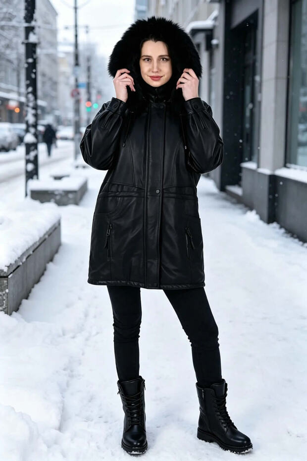 Bridget Women's Genuine Leather Coat with Fur Hood Black