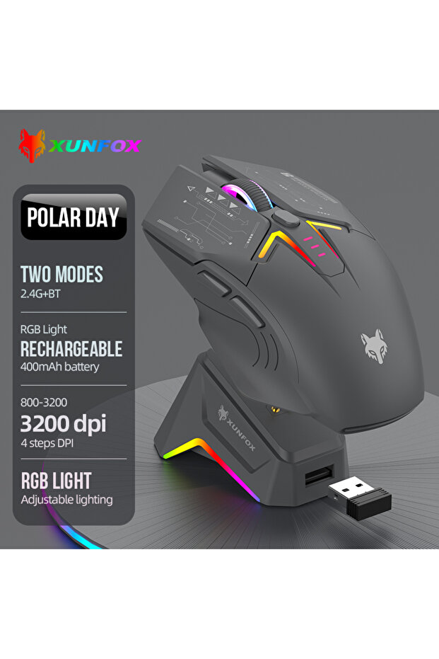 ماوس H2 Extreme Day اللاسلكي ثنائي الوضع بتقنية بلوتوث XUNSVFOX H2 مع إضاءة RGB للألعاب على الكمبيوتر المحمول