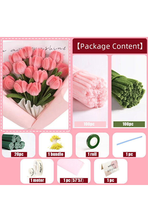 Light pink tulip 200PCS Tulip Pipe Cleaners for Craft, Chenille Stems with Flower Pole, Core & Garde