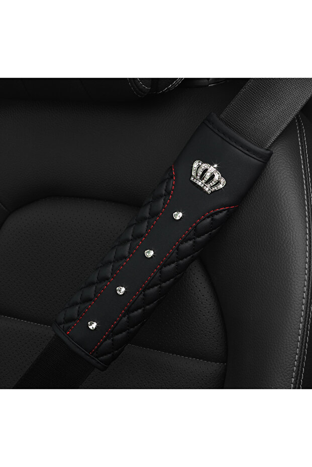 black Luxury Leather Car Shoulder Guard with Diamond-Set Metal Crown 3D Safety Belt Decoration Embro