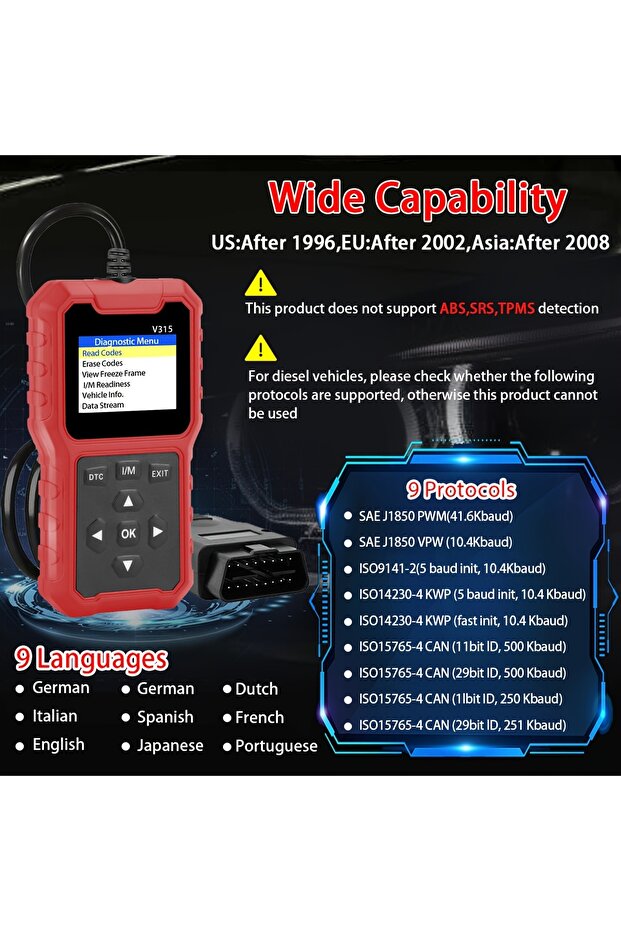 ماسح ضوئي OBD2 للسيارة يعمل بالطاقة عبر USB - أداة تشخيص متقدمة للمحرك، مع قارئ الأكواد، متعدد اللغات - 6