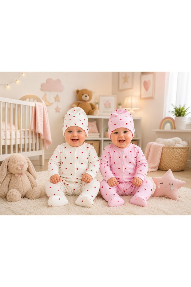 Heart Patterned 100% Cotton Jumpsuit & Hat Set, 2-Piece Sleep Sack Set for Hospital Discharge and Post-Hospitalization (Boxed Product)
