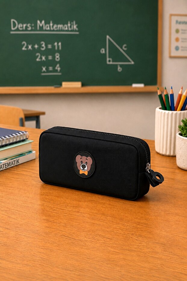 Unisex Black Pen Holder, Single Compartment Pen Case, Teddy Bear Logo, 20X10X3Cm