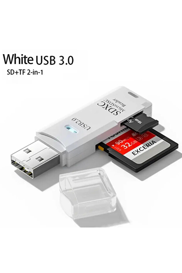 قارئ بطاقات USB 3.0/2.0 عالي السرعة متعدد الوظائف 2 في 1 White3.0 يدعم TF+SD والكمبيوتر اللوحي