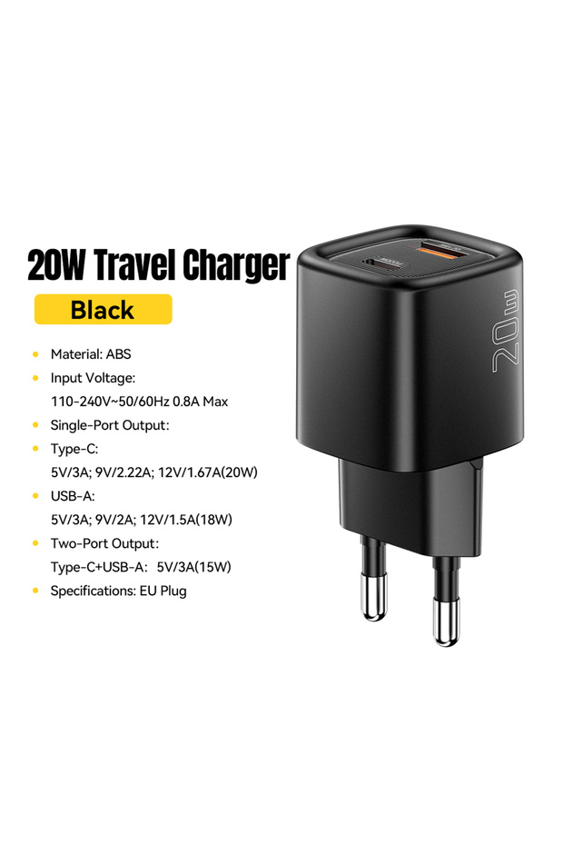 EU Black 20W USB C Charger Portable Type C Charger Support PD Fast Charging For iPho