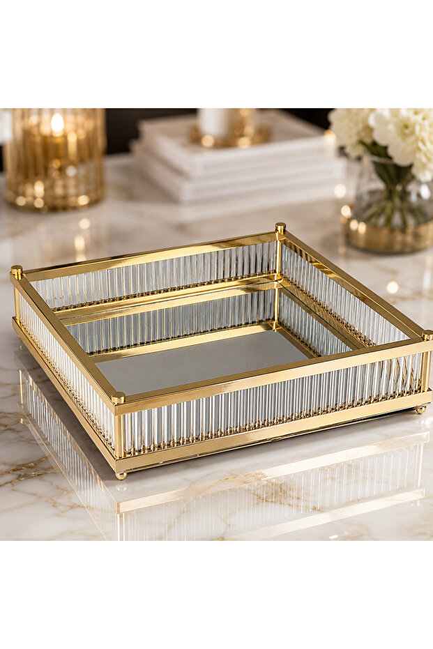Square Glass Bar Presentation Tray Mirrored Gold Metal Decorative Tray 40X40