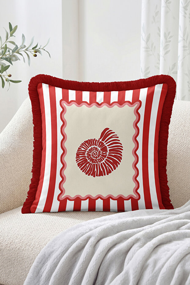 Retro Design Fringed Throw Pillow Cover with Sea Shell Motif Stripes - Tassel Pillowcase