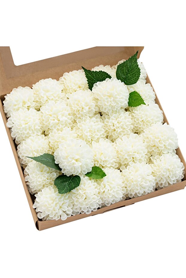 Milky White Dahlia Artificial Flowers 25 pcs White Flowers, Fake Flowers w/Stem for DIY Wedding Deco