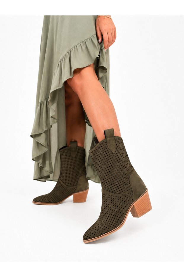 Handy Women's Western Cowboy Heeled Suede Laser Cut Perforated Summer Boots-Khaki Green