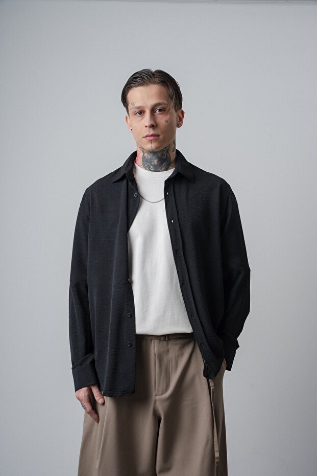Men's Embroidery Detailed Long Sleeve Aerobin Oversized Shirt Black