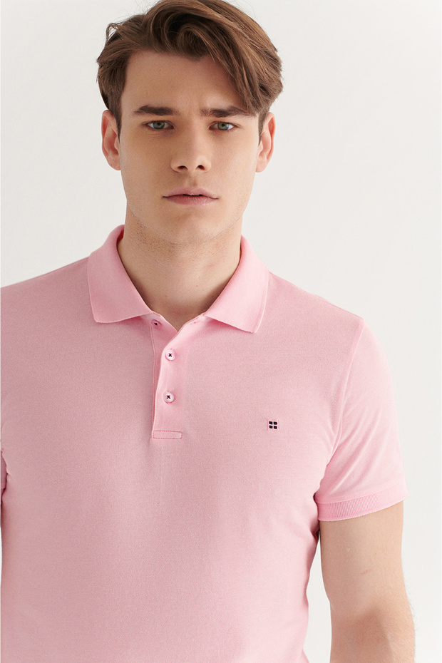 Pánské světle růžové tričko Basic Cotton Polo Neck E001004 - 3
