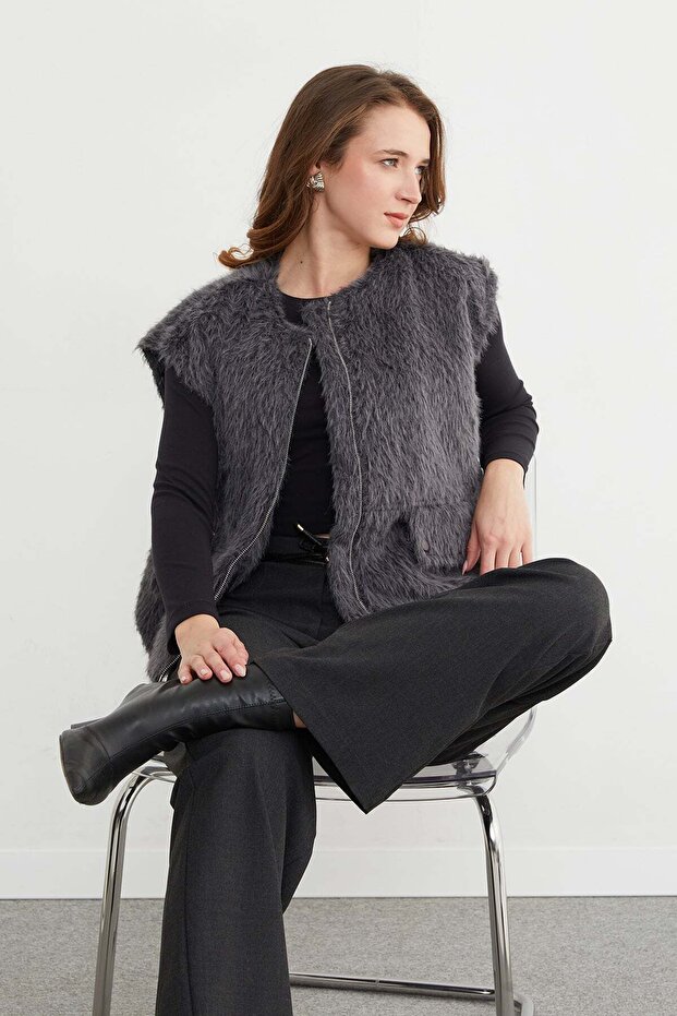 Bomber Plush Vest with Pocket Detail