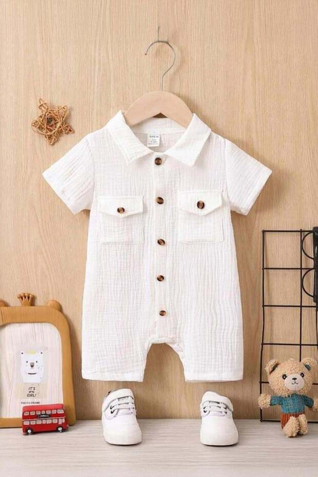 Unisex Baby 100% Cotton Muslin Jumpsuit with Wooden Buttons and Pockets - White