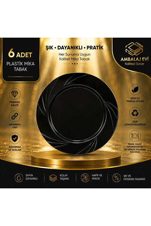 Mica Luxury Plastic Plate Black Mica Plate 23 Cm 6 Pieces