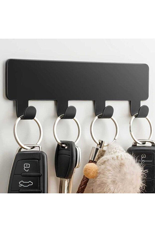 black Key Hook Wall Mounted Storage Rack, 4-hook Adhesive Key Ring Rack, Metal Keychain Organizer, B