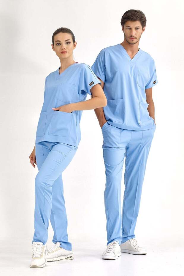 Light Blue Lux Stretch Fabric Greys Top and Bottom Set Doctor Nurse Uniform