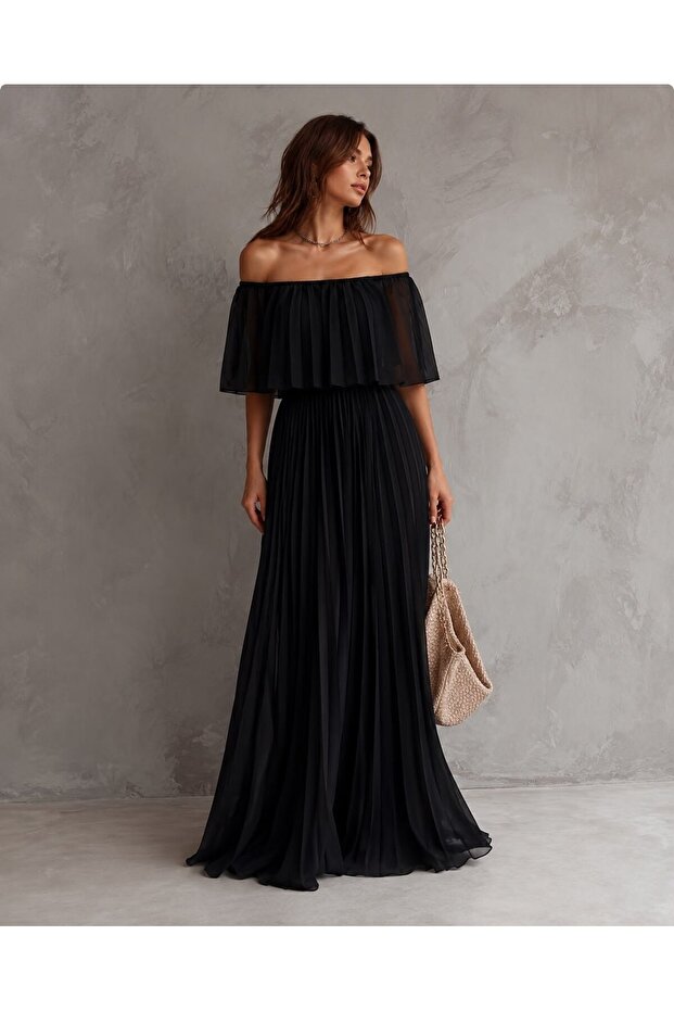 Black Pleated Chiffon Long Evening Dress 582848