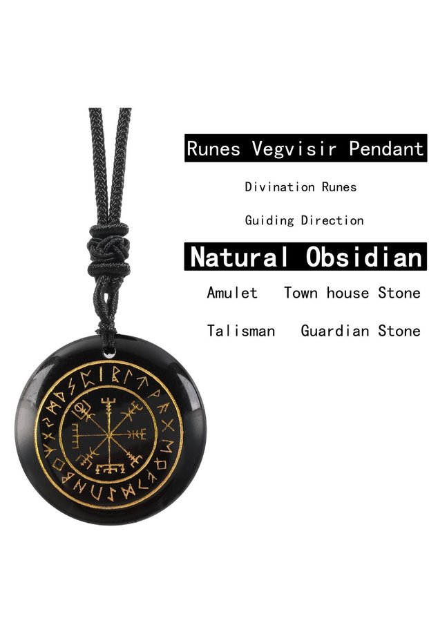 Obsidian Natural Crystal Mysterious Viking Compass Symbol Energy Pendant Guardian Fashion Style Men'
