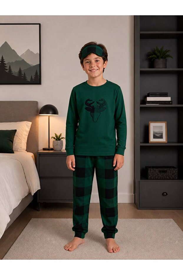 Boy's Cotton Piece Sleep Band Deer Patterned Green Winter Fleece Pajama Set