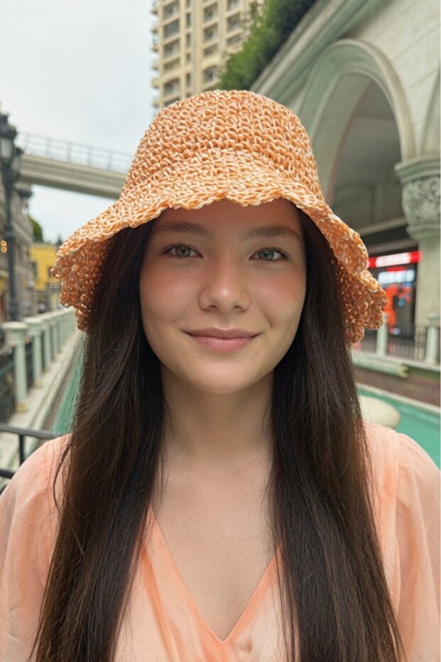 Women's Orange Straw Rope Hand-Knitted Bucket Hat | Beach Trend Design