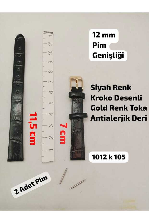 12 mm Compatible Wristwatch Band, Black Color Crocodile Patterned Model, Gold Color Buckle