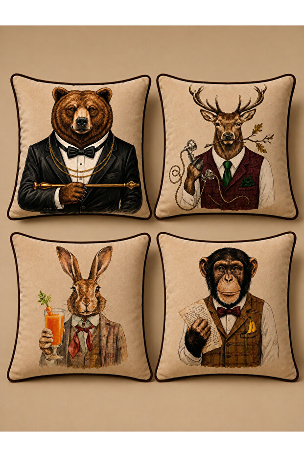 The Gentlemen’S Club Digital Printed Ribbed Polyester 4-Piece Throw Pillow Cover Set (Kr)